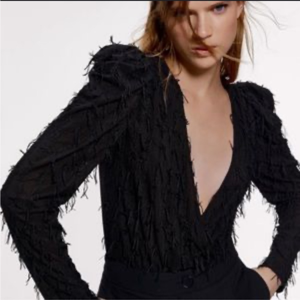 Zara Black Ruffled Fitted Bodysuit